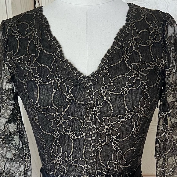 DKNY Metallic Lace Overlay V-Neck Dress With Sheer Sleeves - Picture 10 of 16